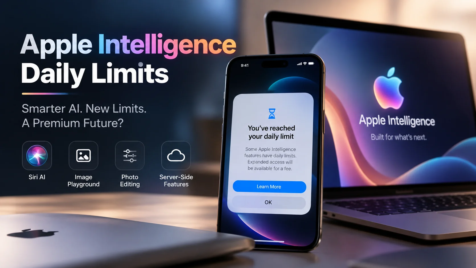 Apple Intelligence daily limits with iPhone and Mac showing premium AI features
