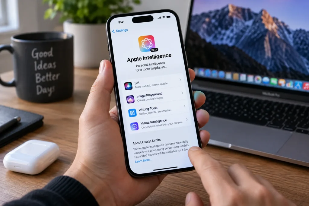 Apple Intelligence daily limits and AI features displayed on an iPhone