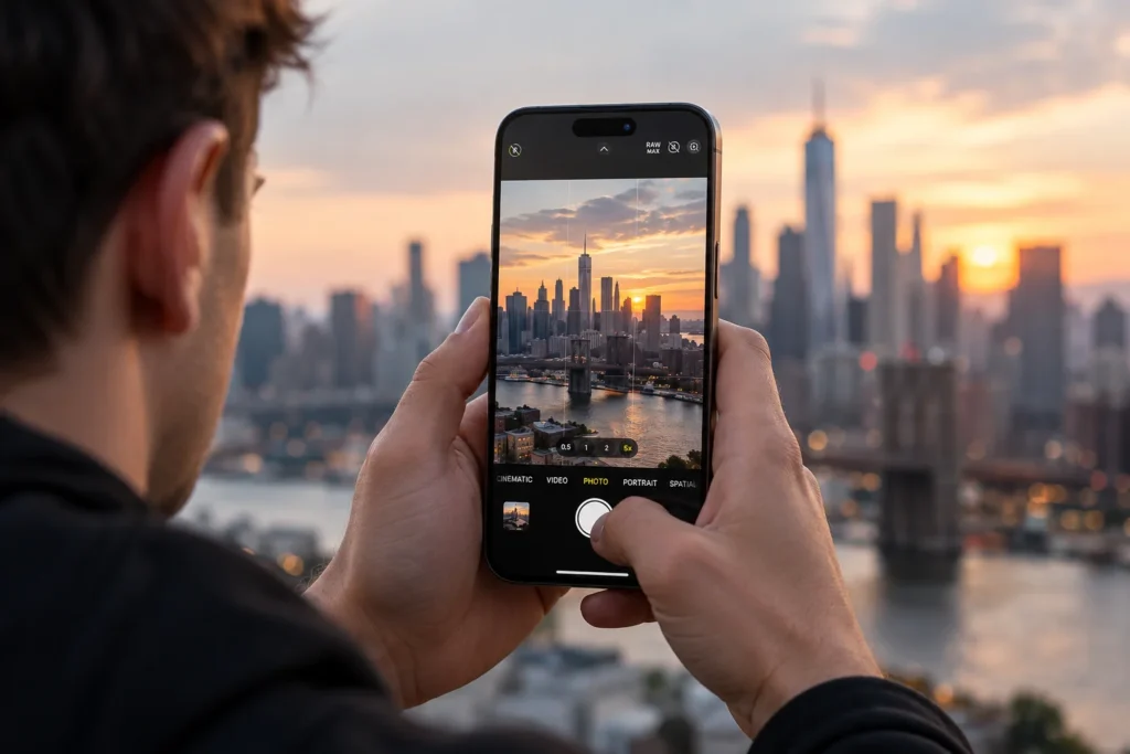 Person using an iPhone Pro camera to photograph a city skyline at sunset