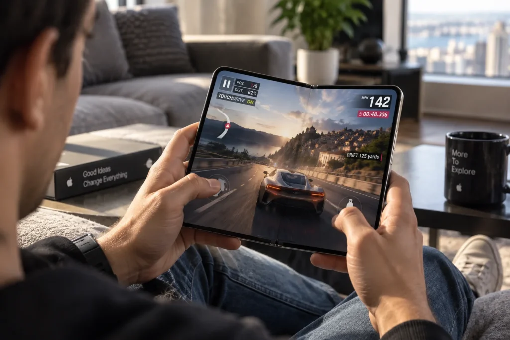 Man playing a racing game on the iPhone Duo foldable display