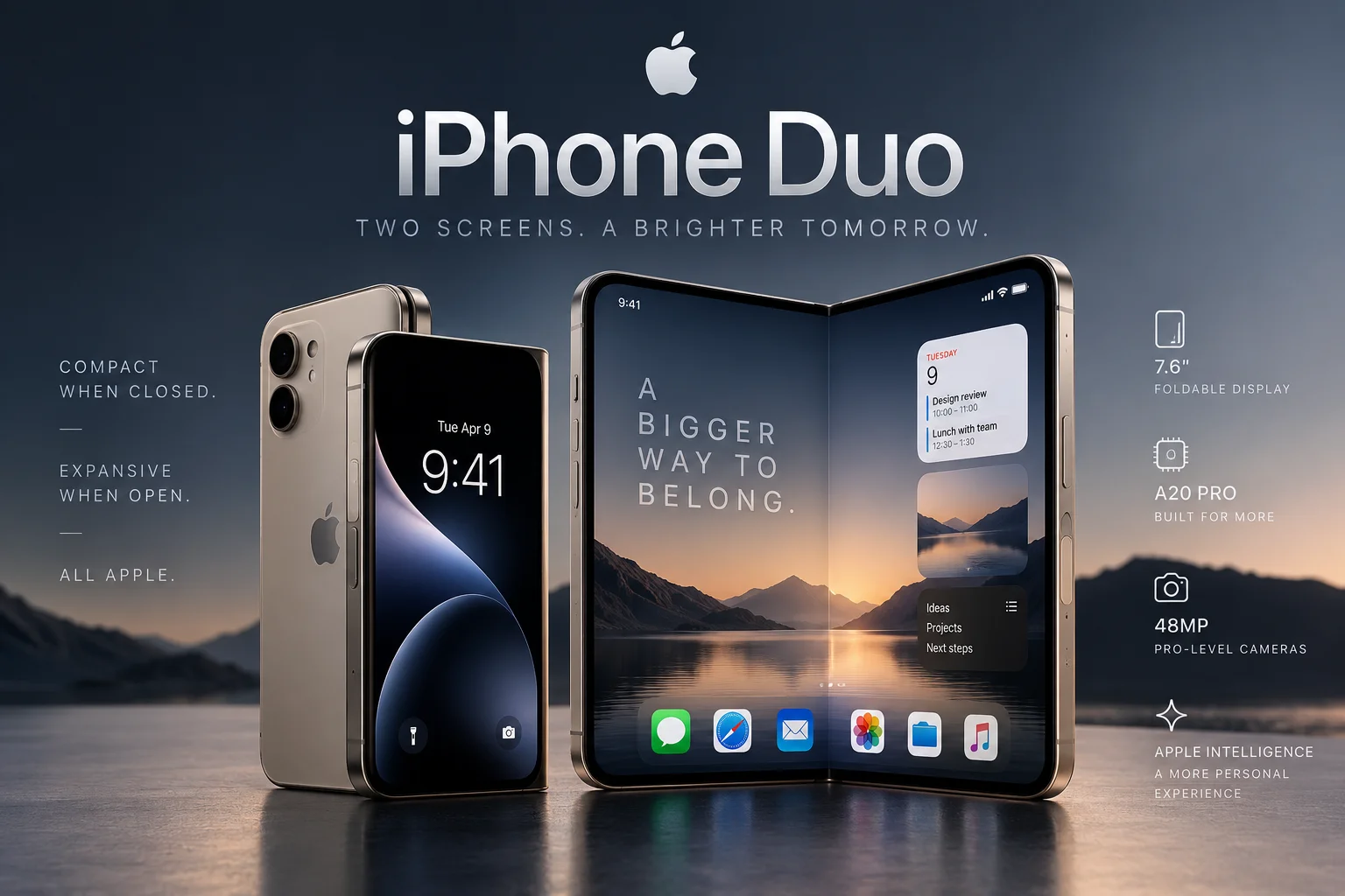 iPhone Duo foldable smartphone shown open and closed with a large dual-screen design
