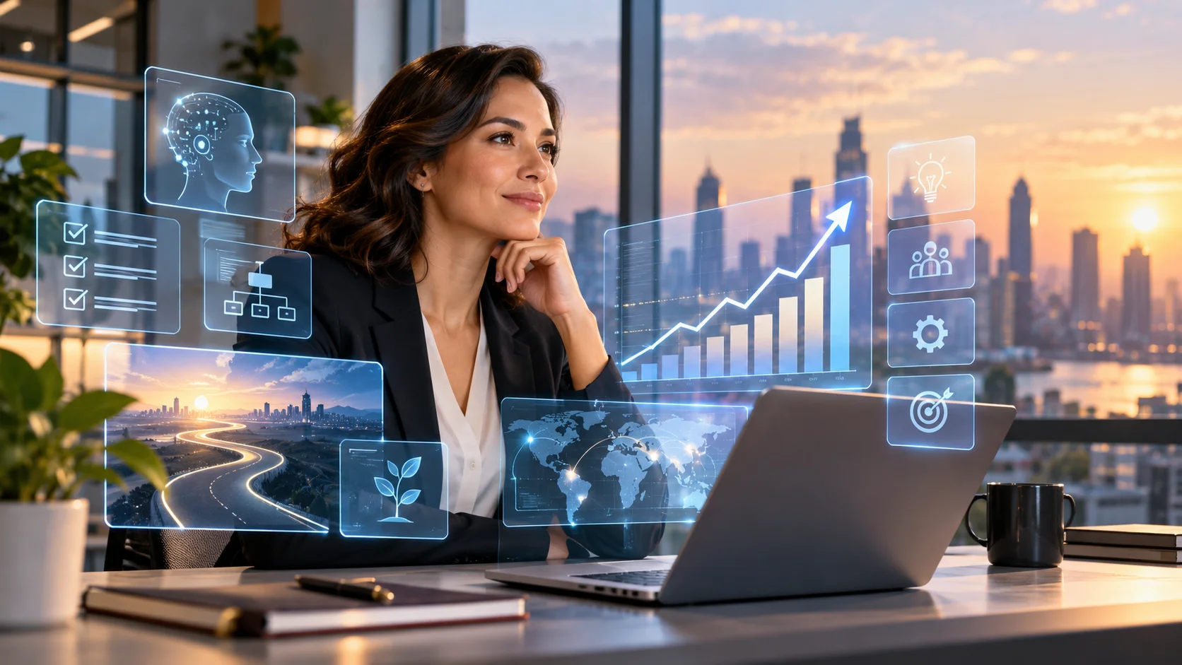 Business professional exploring career security in the AI era through technology, innovation, and professional growth