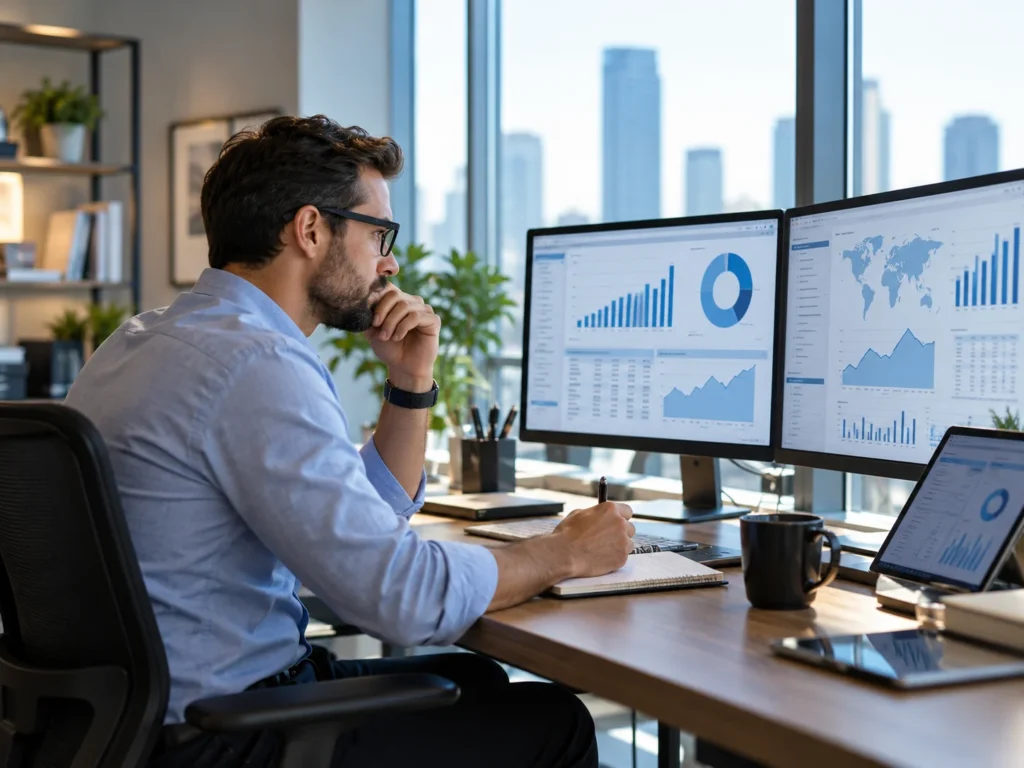 Professional employee analyzing business data and performance charts on multiple computer monitors in a modern office
